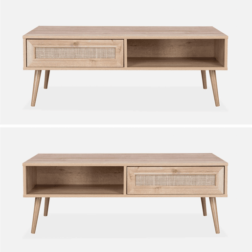 Mesa de centro escandinava em vime de 1 gaveta, Boheme, Natural, 110x59x39 cm
