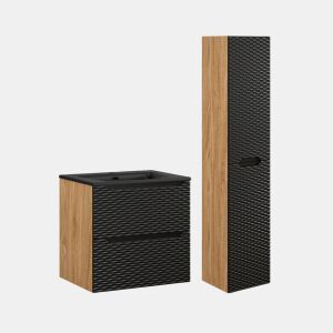 Conjunto de lavatório individual 60cm com pedestal Elora preto e madeira