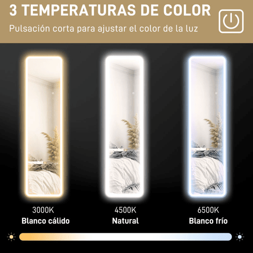 HOMCOM Espelho de Pé com Luz LED 40x150 cm Espelho de Corpo Inteiro sem Moldura com Iluminação de 3 Cores Função de Memória e Controlo Tátil Inteligente para Sala de Estar Dormitório Preto