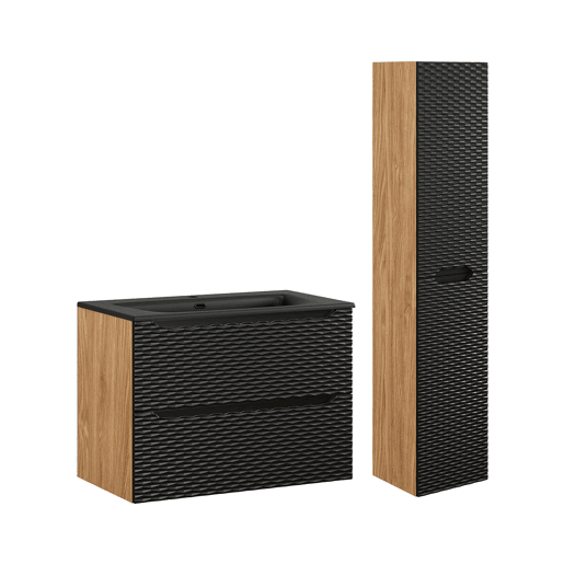 Conjunto móvel lavatório simples embutido 80cm e coluna Elora Preto e madeira