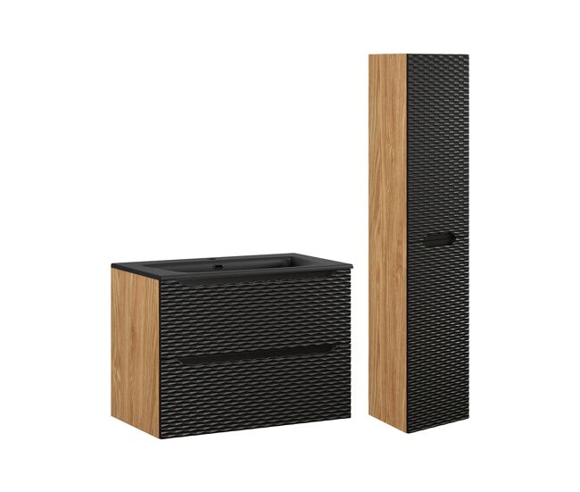 Conjunto de muebles con lavabo individual encastrado 80cm y columna elora negro y madera