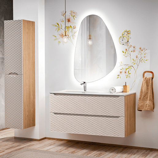 Conjunto de lavatório individual de 120 cm com 2 gavetas e pedestal Elora Bege e madeira
