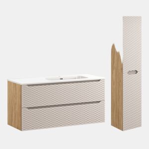 Conjunto de lavatório individual reto 120cm com 2 gavetas e pedestal Elora Bege e madeira