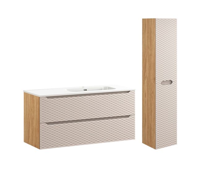 Conjunto de muebles con lavabo individual encastrado lado derecho 120cm 2 cajones y columna elora beige y madera