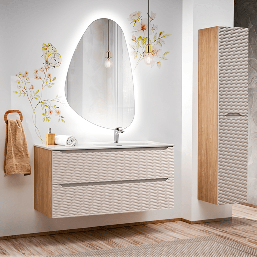 Conjunto de lavatório individual reto 120cm com 2 gavetas e pedestal Elora Bege e madeira