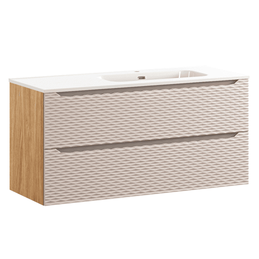 Conjunto de lavatório individual reto 120cm com 2 gavetas e pedestal Elora Bege e madeira