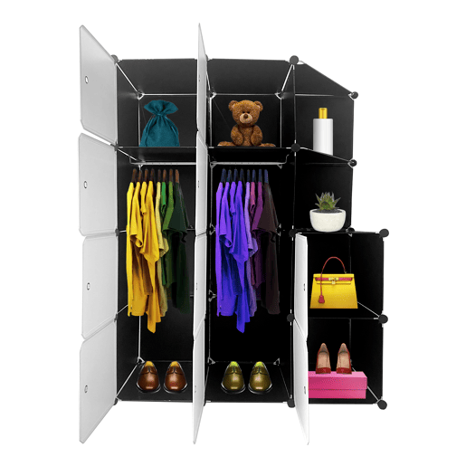 Guarda-roupa em cubo personalizável, caixa nyana home 10 cubesportas, organização doméstica, cabideiro, sapateira, 147x110x47cm, preto
