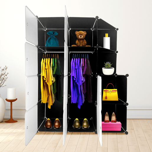 Guarda-roupa em cubo personalizável, caixa nyana home 10 cubesportas, organização doméstica, cabideiro, sapateira, 147x110x47cm, preto