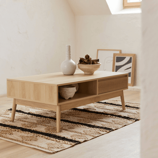 Mesa de centro escandinava com efeito madeira, 2 nichos, Linear, Natural, 110x59x39 cm