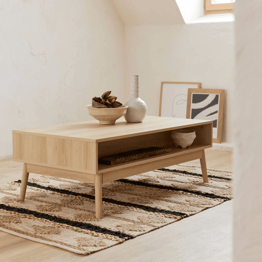 Mesa de centro escandinava com efeito madeira, 2 nichos, Linear, Natural, 110x59x39 cm