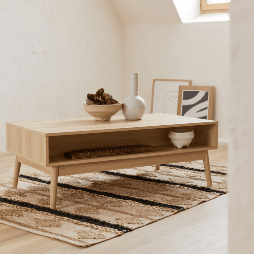 Mesa de centro escandinava com efeito madeira, 2 nichos, Linear, Natural, 110x59x39 cm