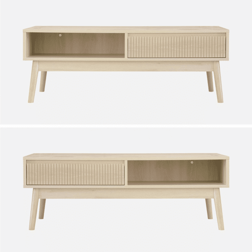 Mesa de centro escandinava com efeito madeira, 2 nichos, Linear, Natural, 110x59x39 cm