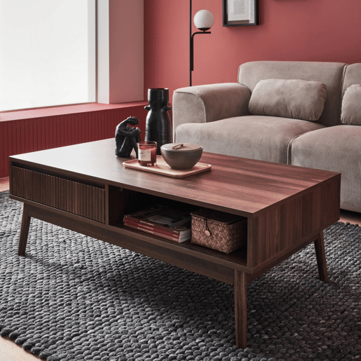 Mesa de centro escandinava com efeito madeira, 2 nichos, Linear, Madeira escura, 110x59x39 cm