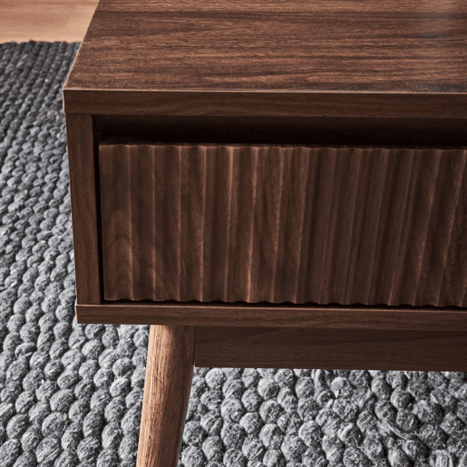 Mesa de centro escandinava com efeito madeira, 2 nichos, Linear, Madeira escura, 110x59x39 cm