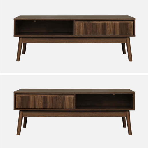 Mesa de centro escandinava com efeito madeira, 2 nichos, Linear, Madeira escura, 110x59x39 cm