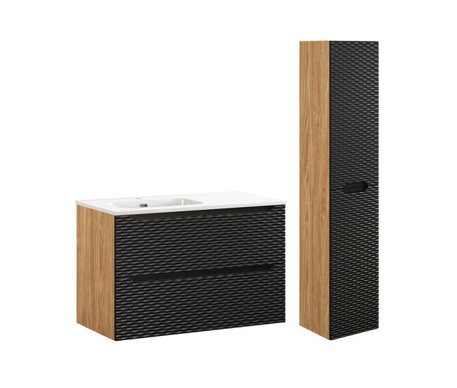 Conjunto de muebles con lavabo individual encastrado lado izquierdo 90cm y columna elora negro y madera