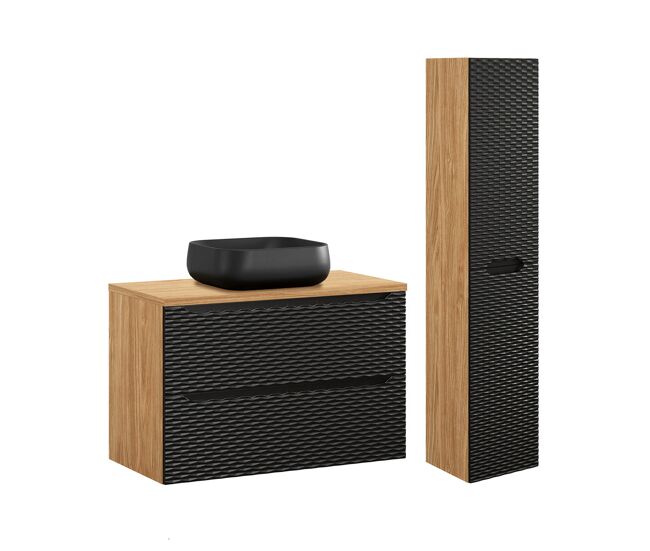Conjunto de muebles con lavabo individual 90cm y columna elora negro y madera