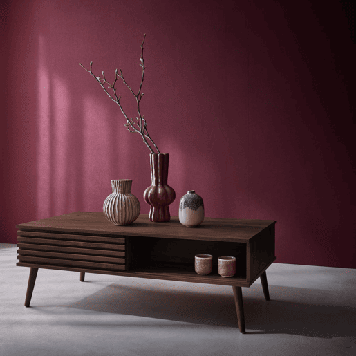 Mesa de centro escandinava com efeito madeira ranhurada, Madere, Madeira de nogueira, 59x119x41.5 cm
