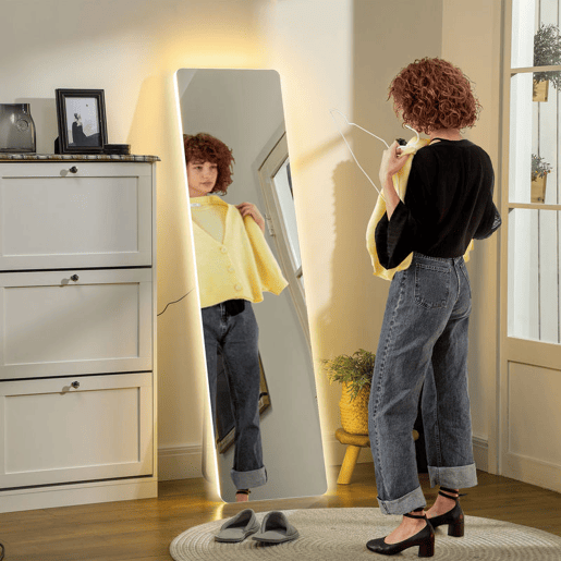 HOMCOM Espelho de Pé com Luz LED 40x150 cm Espelho de Corpo Inteiro sem Estrutura com Iluminação de 3 Cores Função de Memória e Tátil para Sala de Estar Dormitório Transparente