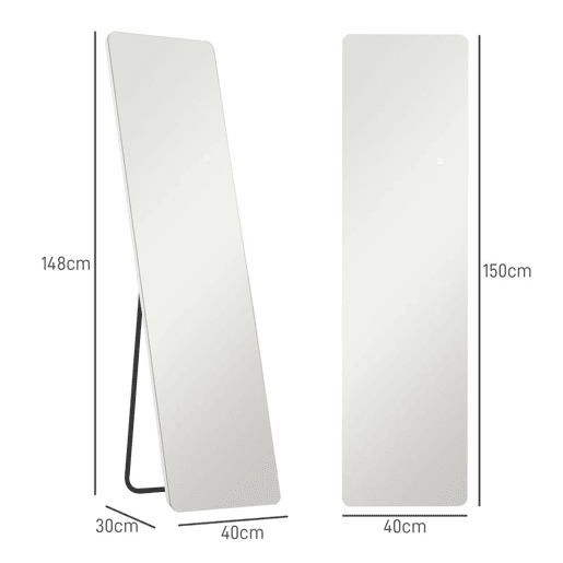 HOMCOM Espelho de Pé com Luz LED 40x150 cm Espelho de Corpo Inteiro sem Estrutura com Iluminação de 3 Cores Função de Memória e Tátil para Sala de Estar Dormitório Transparente