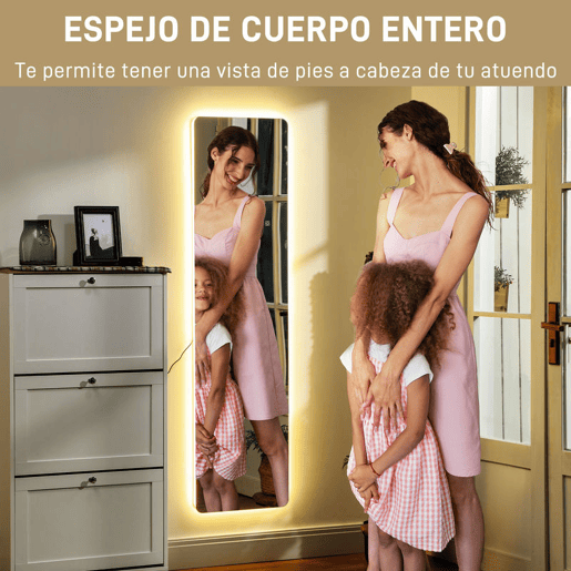 HOMCOM Espelho de Pé com Luz LED 40x150 cm Espelho de Corpo Inteiro sem Estrutura com Iluminação de 3 Cores Função de Memória e Tátil para Sala de Estar Dormitório Transparente