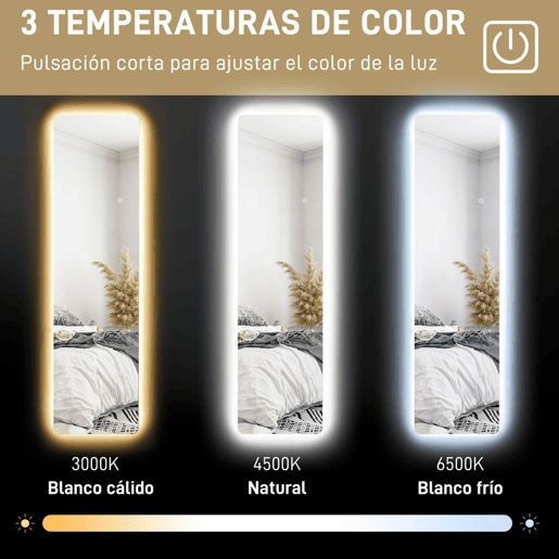 HOMCOM Espelho de Pé com Luz LED 40x150 cm Espelho de Corpo Inteiro sem Estrutura com Iluminação de 3 Cores Função de Memória e Tátil para Sala de Estar Dormitório Transparente