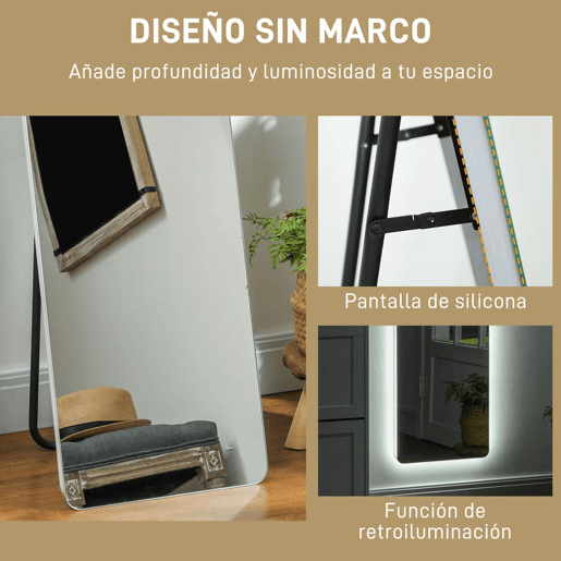 HOMCOM Espelho de Pé com Luz LED 40x150 cm Espelho de Corpo Inteiro sem Estrutura com Iluminação de 3 Cores Função de Memória e Tátil para Sala de Estar Dormitório Transparente