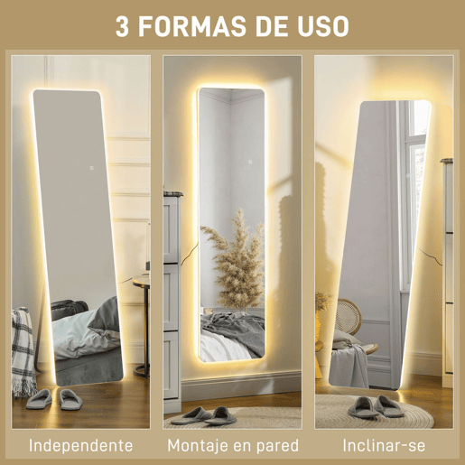 HOMCOM Espelho de Pé com Luz LED 40x150 cm Espelho de Corpo Inteiro sem Estrutura com Iluminação de 3 Cores Função de Memória e Tátil para Sala de Estar Dormitório Transparente