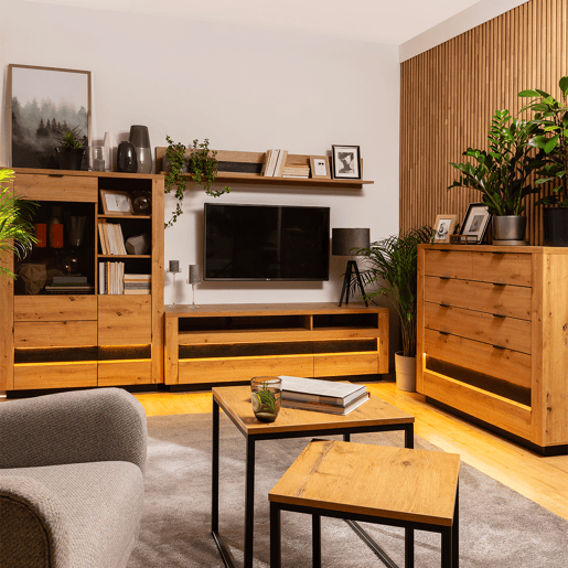 Suporte TV 2 gavetas 2 nichos 161 cm com LED Glenn Madeira e Preto