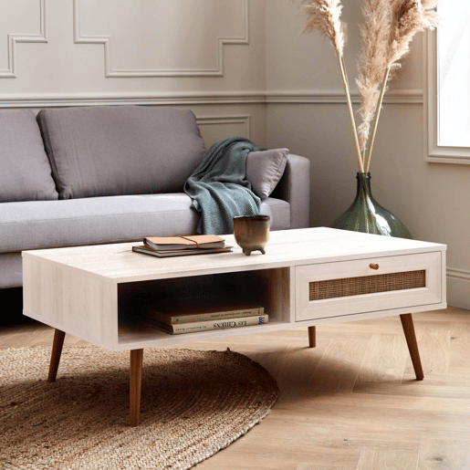 Mesa de centro escandinava em vime de 1 gaveta, Boheme, Branco sujo, 110x59x39 cm