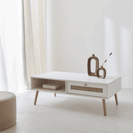 Mesa de centro escandinava em vime de 1 gaveta, Boheme, Branco sujo, 110x59x39 cm