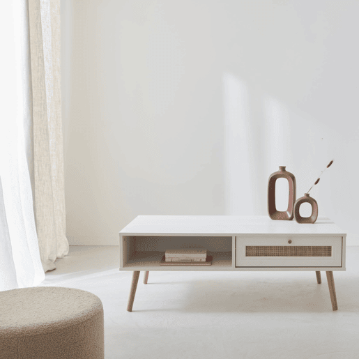 Mesa de centro escandinava em vime de 1 gaveta, Boheme, Branco sujo, 110x59x39 cm