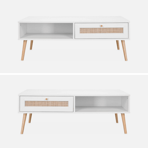 Mesa de centro escandinava em vime de 1 gaveta, Boheme, Branco sujo, 110x59x39 cm