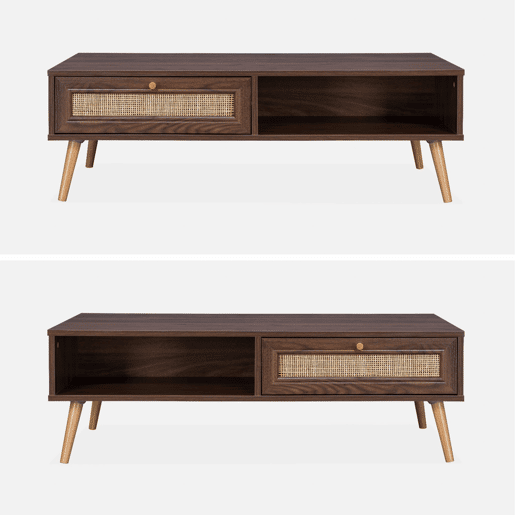Mesa de centro escandinava em vime de 1 gaveta, Boheme, Madeira escura, 110x59x39 cm