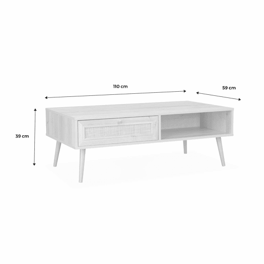 Mesa de centro escandinava em vime de 1 gaveta, Boheme, Madeira escura, 110x59x39 cm