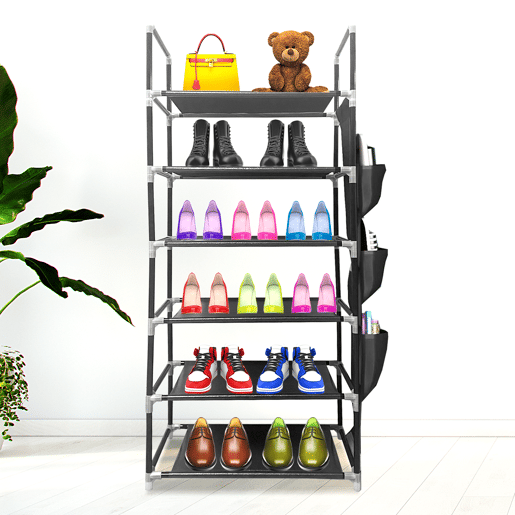 Sapateira modular de metal Nyana Home até 18 pares 108x46x27cm, 3 bolsos laterais, 6 alturas Preto.