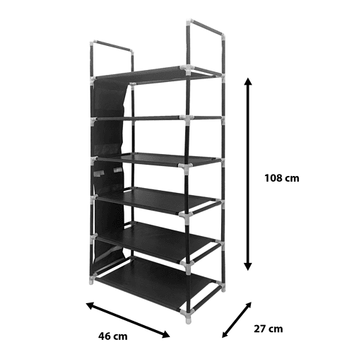 Sapateira modular de metal Nyana Home até 18 pares 108x46x27cm, 3 bolsos laterais, 6 alturas Preto.