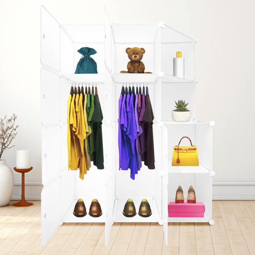 Guarda-roupa em cubo personalizável, caixa nyana home 10 cubesportas, organização doméstica, cabideiro, sapateira, 147x110x47cm, branco