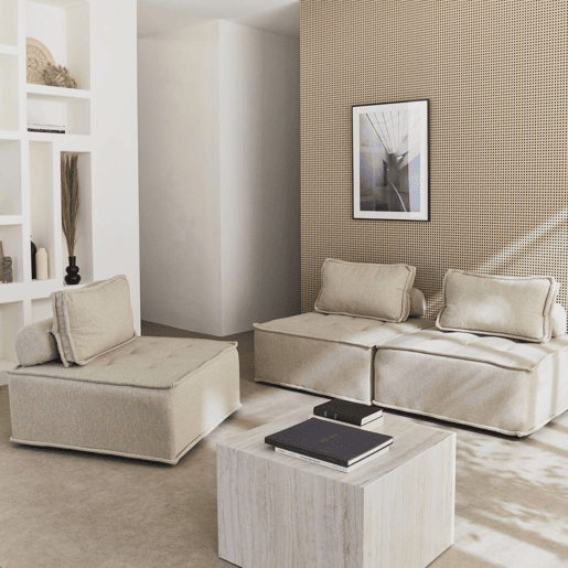 Sofá modular em tecido estofado de 3 lugares, Dao, Beige, 90x90x40 cm Sofá modular em tecido estofado de 3 lugares, Dao, Beige, 90x90x40 cm