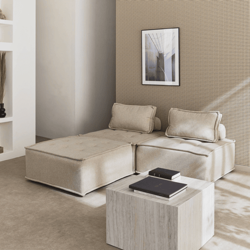 Sofá modular em tecido estofado de 3 lugares, Dao, Beige, 90x90x40 cm Sofá modular em tecido estofado de 3 lugares, Dao, Beige, 90x90x40 cm