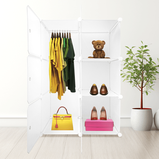 Guarda-roupa em cubo personalizável, caixa básica nyana home 6 cubesportas, organização doméstica, cabideiro, sapateira, 110x75x47cm, branco