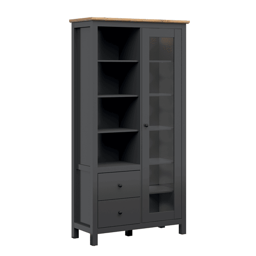 Vitrina 1 porta 2 gavetas com LED Duck Cinzento antracite e Madeira