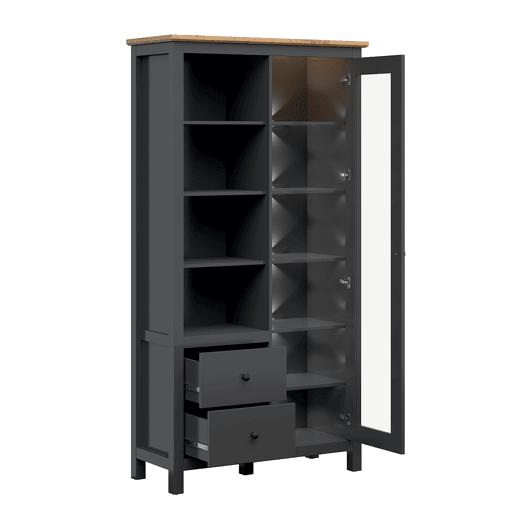 Vitrina 1 porta 2 gavetas com LED Duck Cinzento antracite e Madeira