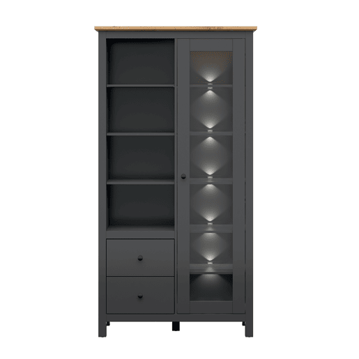 Vitrina 1 porta 2 gavetas com LED Duck Cinzento antracite e Madeira