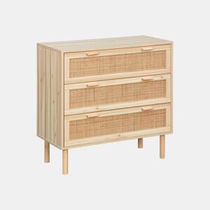 Cómoda com efeito cana e madeira de 3 gavetas, Camargue, Natural, 80x40x80 cm