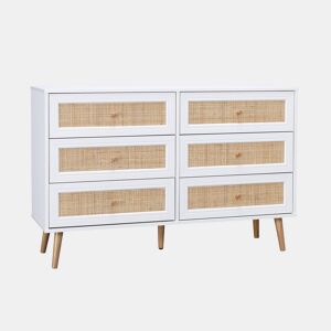 Cómoda com efeito de madeira e cana de 6 gavetas, Boheme, Branco sujo, 120x39x79 cm