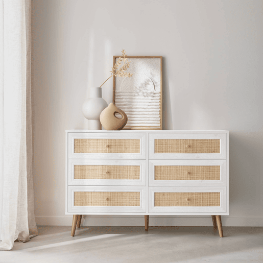 Cómoda com efeito de madeira e cana de 6 gavetas, Boheme, Branco sujo, 120x39x79 cm