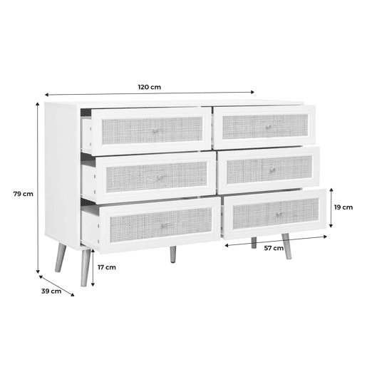 Cómoda com efeito de madeira e cana de 6 gavetas, Boheme, Branco sujo, 120x39x79 cm