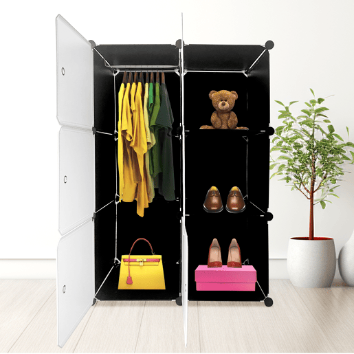 Guarda-roupa em cubo personalizável, caixa básica nyana home 6 cubesportas, organização doméstica, cabideiro, sapateira, 110x75x47cm, preto