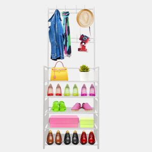 Organizador de cabide para corredor, tecido de entrada, 5 prateleiras, sapateira, 20 pares, 8 cabides, 167x60x26cm Branco